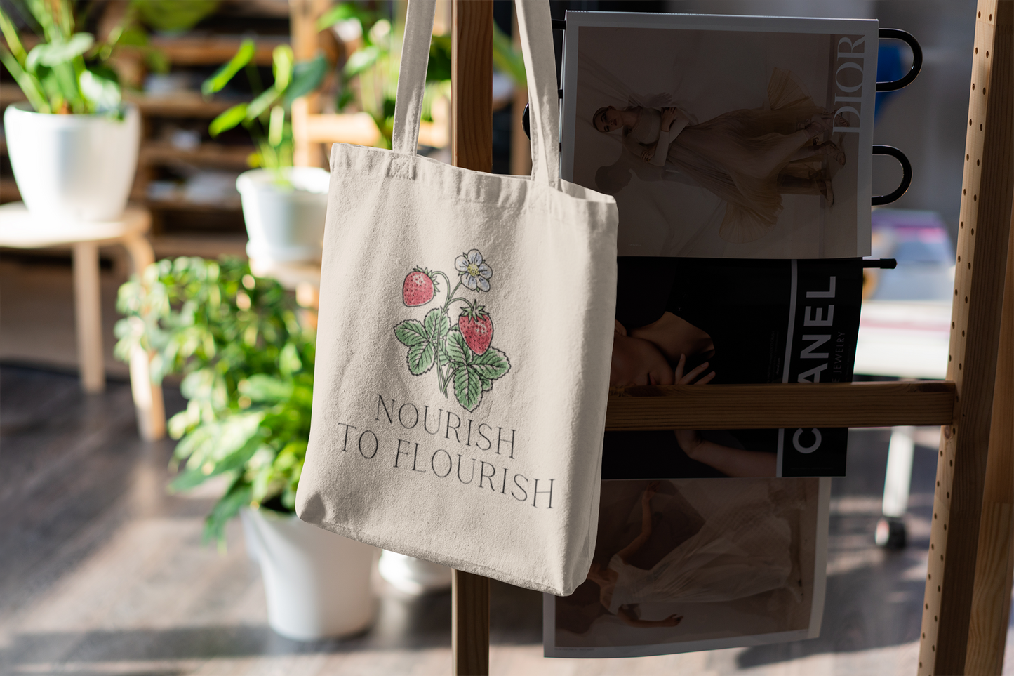 Nourish to Flourish Bag Cute Strawberry Flower Canvas Tote Bag for Grocery Shopping Cute Gift for Mom Strawberry Tote Bag for Her Gifts