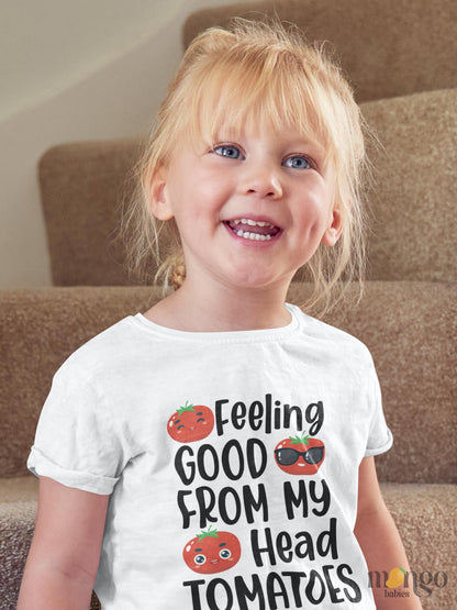 short sleeve white tshirt for kid with cute tomatoes and the text 'Feeling Good From My Head Tomatoes.' This playful design adds a fun and cheerful touch to their outfit. 