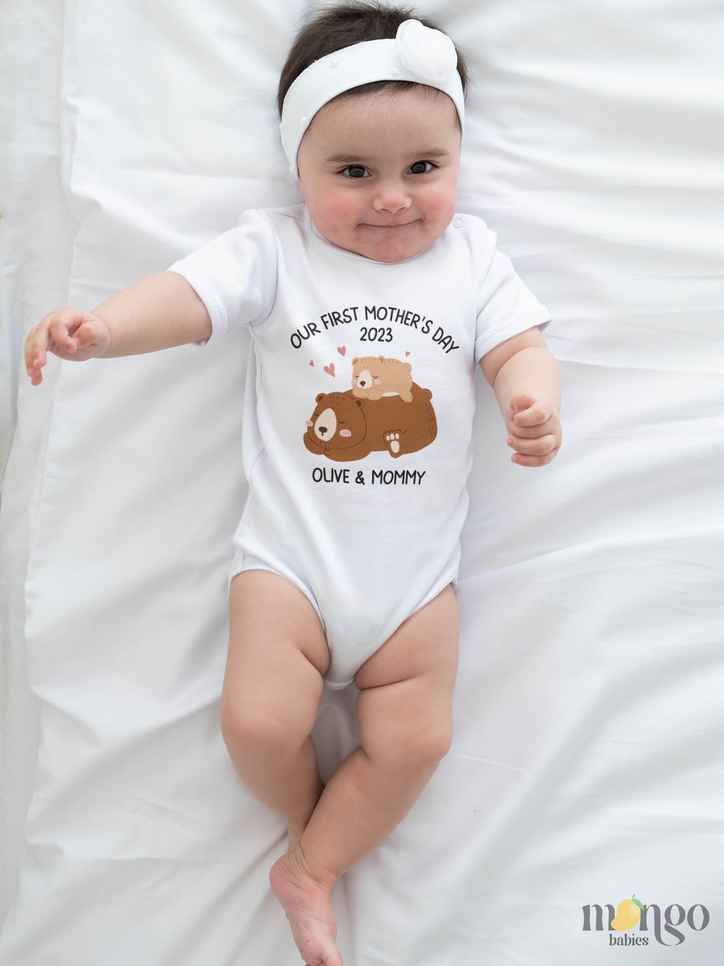 Kid's t-shirt with a cute Mama Bear and Baby Bear design, featuring 'Our First Mother's Day' text, customizable with names.